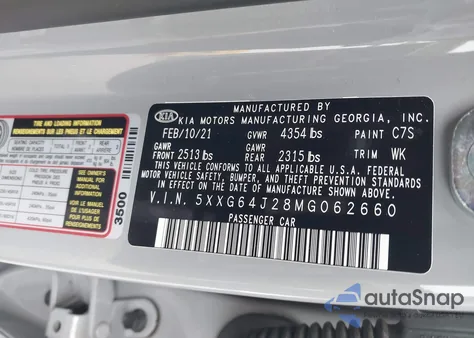 2021 Kia K5 Gt-Line из США, поврежденный, VIN 5XXG64J28MG062660